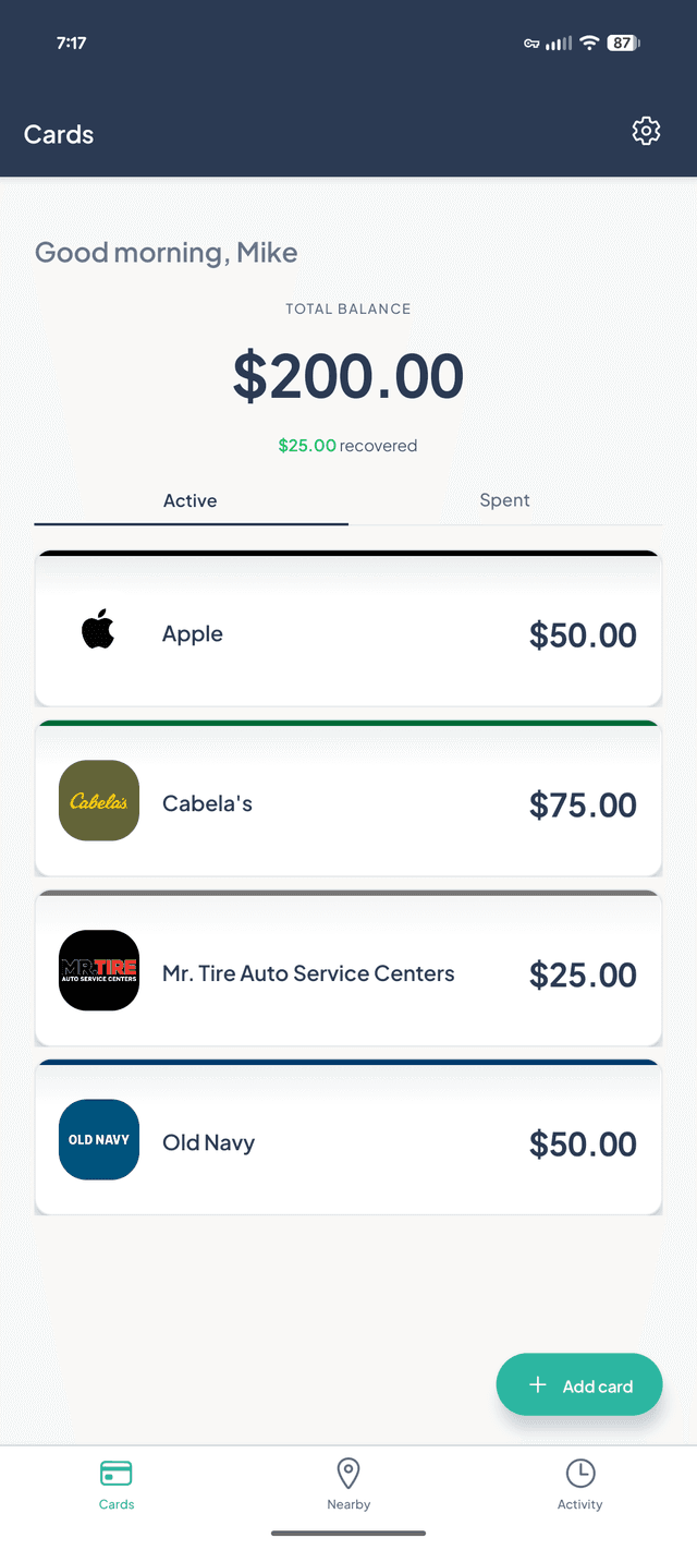 CardOwl Cards screen showing four gift cards and a $200 total balance