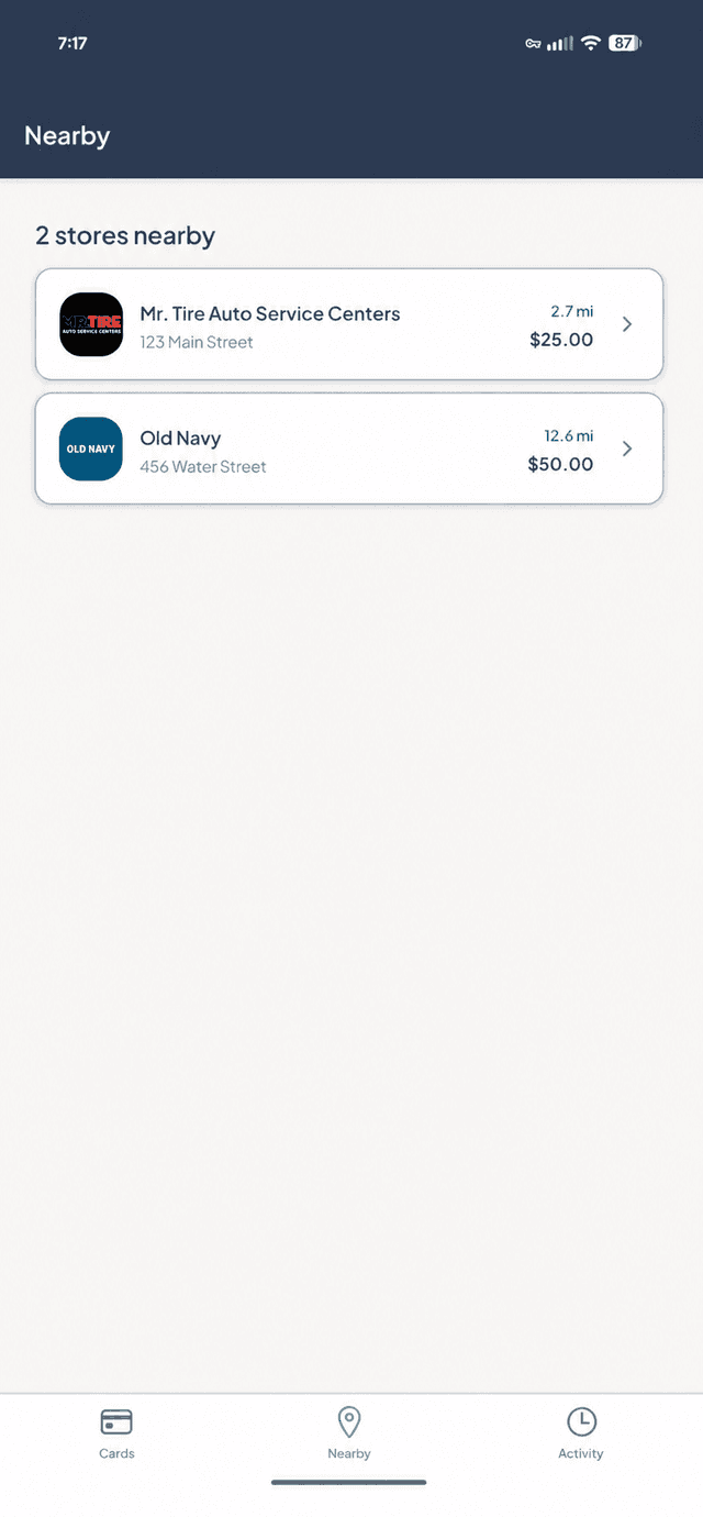 CardOwl Nearby tab listing two stores with gift card balances within driving distance